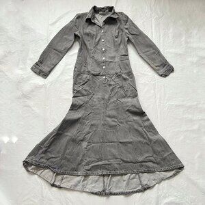 y2k denim dress gray size 12 womens long sleeve maxi flared skirt button front